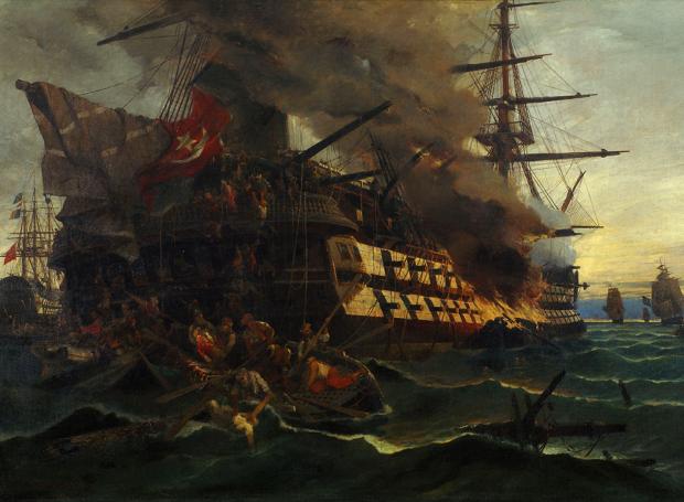 Η πυρπόληση του τουρκικού δικρότου στην Ερεσσό (1882)&lt;br&gt;Πίνακας του Κωνσταντίνου Βολανάκη (1837-1907)