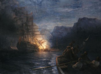 Η πυρπόληση της τουρκικής ναυαρχίδας από τον Κανάρη, πίνακας του Ιβάν Αϊβαζόφσκυ (1881)